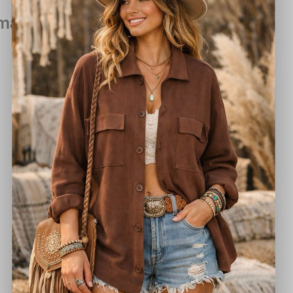 Wilfred Free Brown Knit Shirt Jacket XS Button Front Cardigan Shacket Boho Light